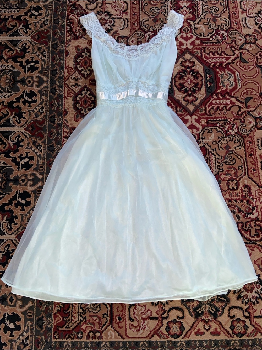 Lace-Trim White Nylon Full-Skirt Slip Dress